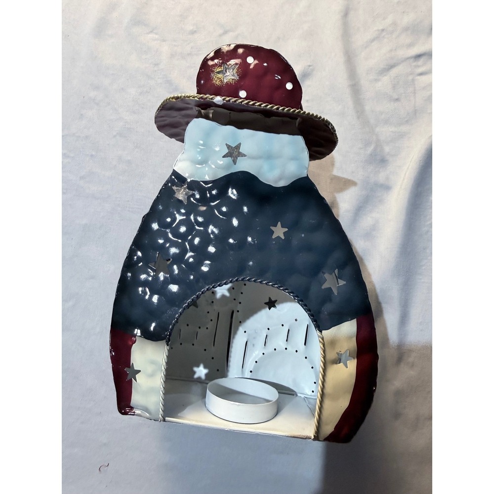 Patriotic Santa Claus Metal Lantern Americana Flag Tea Light Candle Holder 8in - Picture 4 of 6